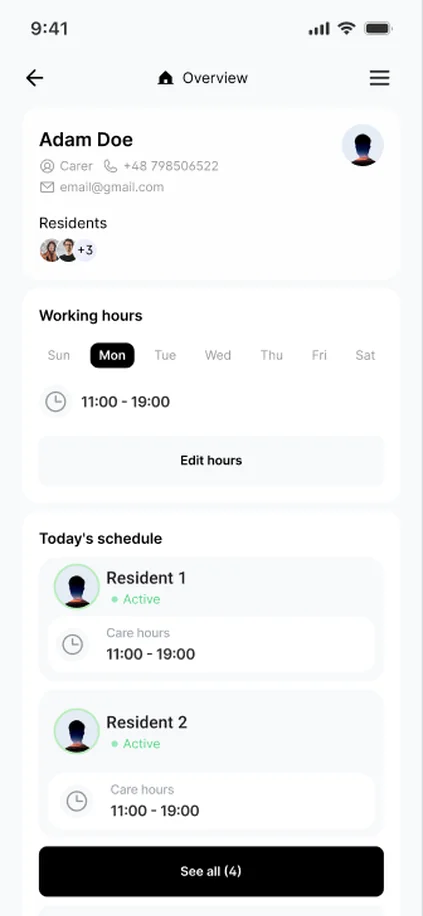 Carer profile screen of the care manager app