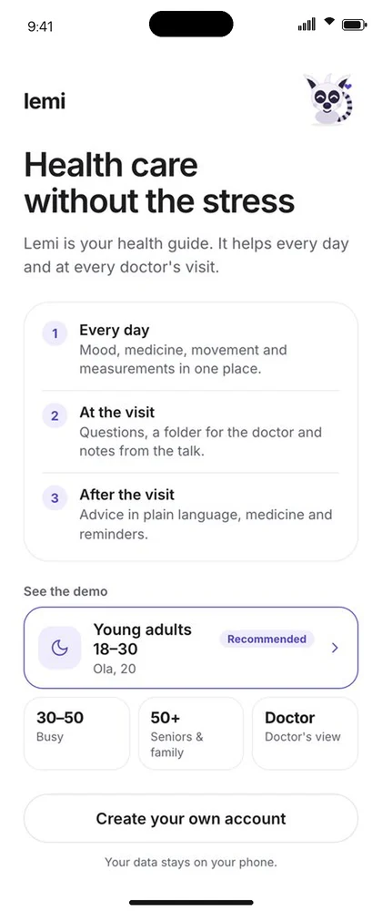 Lemi welcome screen with demo accounts